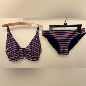 NWOT Aerie Textured Bikini Top & Bottoms Navy Blue, Pink & White - Size Small